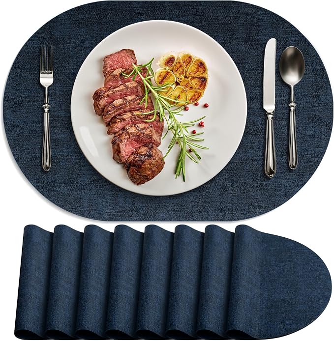 Placemats Set of 8-17" x 11.8" Waterproof & Heat Resistant Oval Place Mats, Wipeable Washable Double Layer Faux Leather Table Mats, Dark Blue