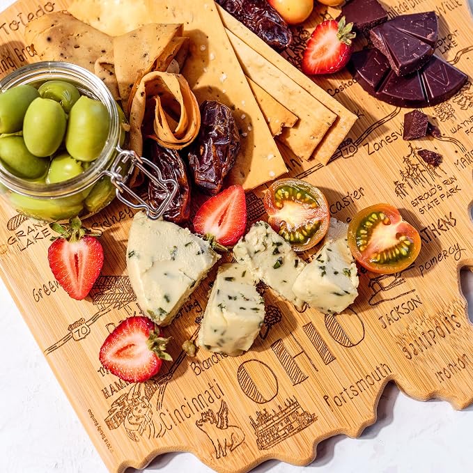 Totally Bamboo Destination Ohio State Shaped Cutting Board | State charcuterie serving board with engraved map artwork. Smooth reverse side for food prep. Hang tie for wall display.