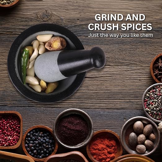Mortar and Pestle, Made of Heavy Duty Polished Hard Stone, Natural Stone Grinder for Spices, Pastes, Herbs, Seasoning etc. (Nirvana, Normal)