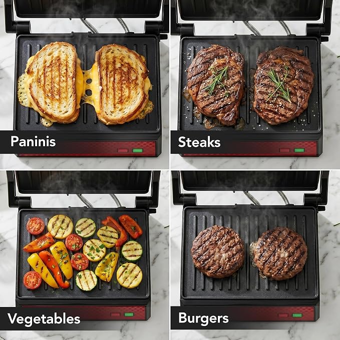 OVENTE Electric Indoor Panini Press Grill + Sandwich Maker, Red GP0620R | Opens 180 Degrees to Fit Any Type or Size of Food, 1000W Indoor Cooking Perfect for Quesadillas, Burgers & More