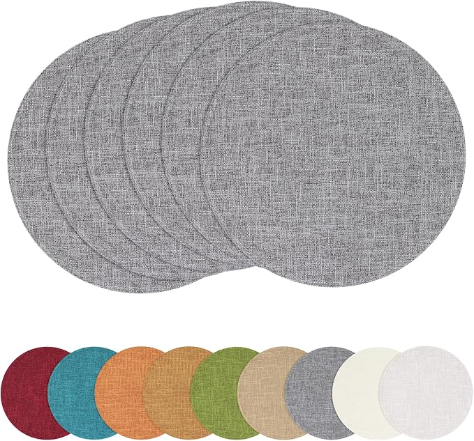 Cotton Linen 15 Inch Round Cloth Place mats, Set of 6, Dark Grey | Washable Table Mats, Heat Resistant, Reversible, Wipeable Place Mats for Indoor Outdoor