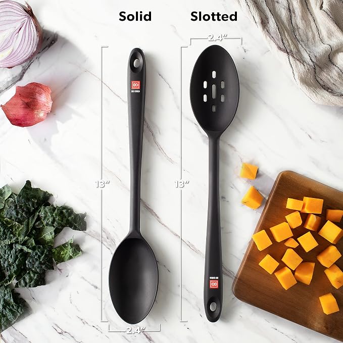 DI ORO Silicone Cooking Spoons - Solid & Slotted Set, 2-Pc Black | Large heads for mixing, serving, and stirring; Heat-resistant to 600F for nonstick cookware; BPA-free and dishwasher safe