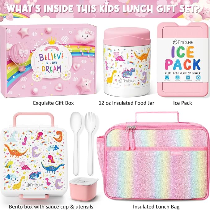 Fimibuke Kids Bento Snack Lunch Box with Thermo Insulated Toddler Lunch Bag | Lunch Box Kids with 4 Compartment, Food Jar, Ice Pack, Utensils, Birthday Gifts for Ages 3-12 Back to School Toddler Girl Boy