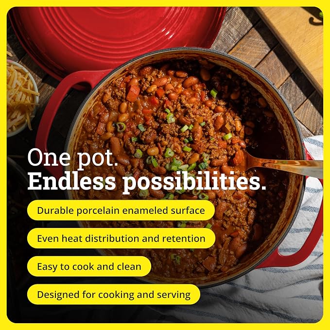 Lodge Essential Enamel Cast Iron Dutch Oven with Lid 7.5 Quart - Oven-Safe Enamel Cookware up to 500° F - Heat-Retaining Braising & Roasting Pot - Non-Toxic Cookware - Island Spice Red
