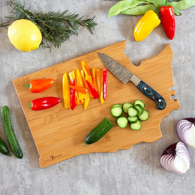 Totally Bamboo Washington State Shaped Cutting Board, Art by Fish Kiss | State charcuterie board with colorful hand-drawn map artwork. Smooth reverse side for food prep. Hang tie for wall display.