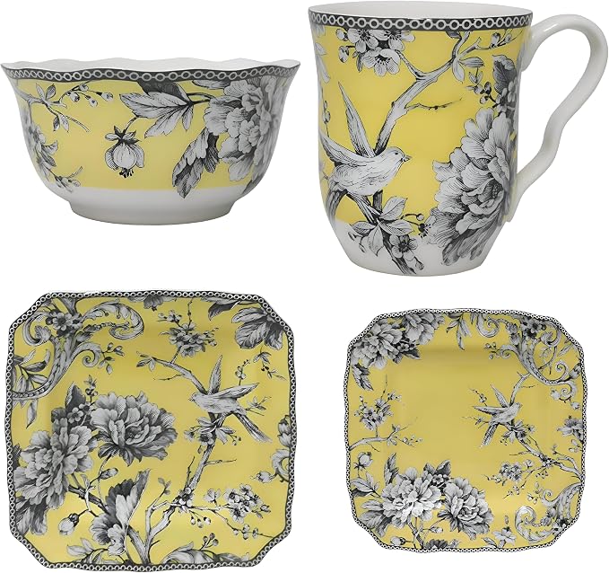 222 Fifth Adelaide Yellow 16-Piece Floral Porcelain Dinnerware Set | Microwave and Dishwasher Safe Dining Set for 4 | Stackable & Chip-Resistant Plates Bowls and Cups | Gift for Housewarming & Wedding