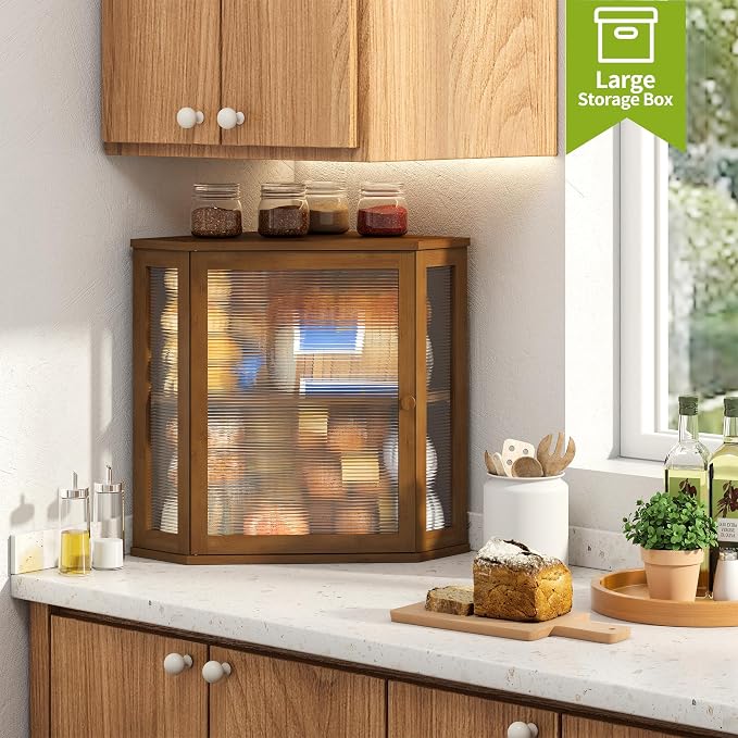 BMOSU Corner Bread Box for Kitchen Countertop Double Layer Bamboo Wooden Bread box Large Capacity Bread Storage Bin(Brown, Extra Large)