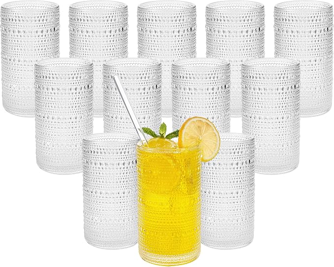 Vintage Hobnail Drinking Glasses Set of 12, 16 oz Large Capacity Embossed Clear Tumblers, Highball Glasses for Water, Cocktail, Beer, Whiskey, Kitchen & Bar Use
