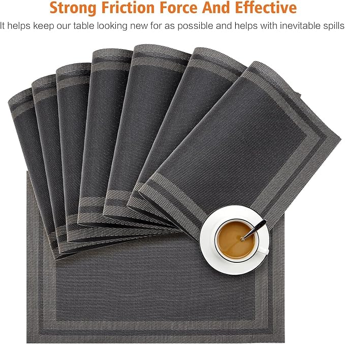 Black Vinyl Placemats Set of 12,Washable Dining PVC Table Mats | Heat resistant, stain resistant non slip vinyl place mats, washable black table placemats for dining table(Black gold)