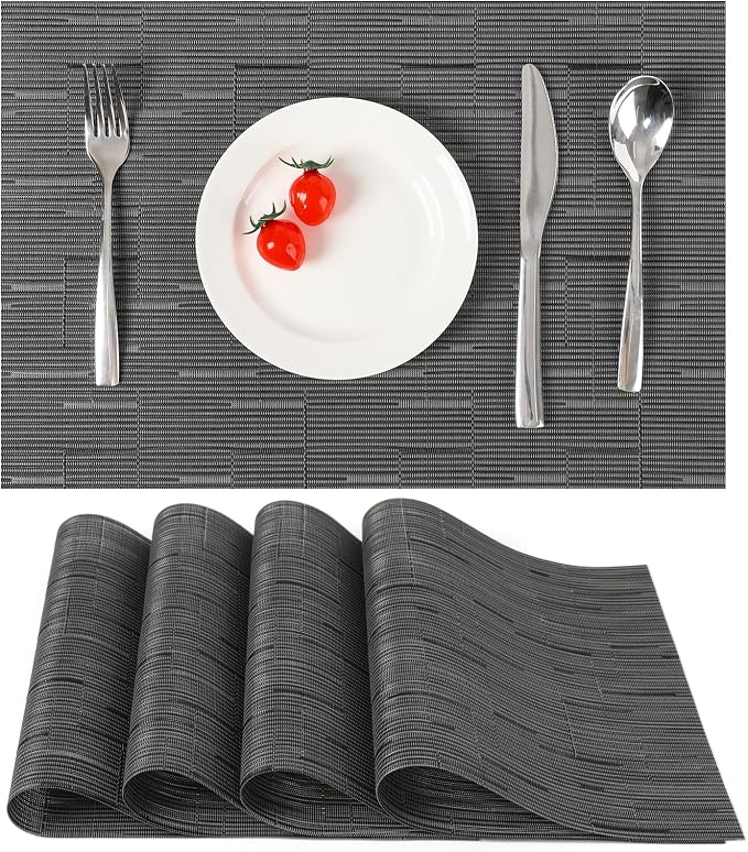 Myir JUN Placemats Set of 4 Kitchen and Dining Table Placemats | Vinyl Placemats Place Mats Indoor/Outdoor Set of 4 Washable Table Mats Non-Slip Place mats for Dining Table, Black-gray