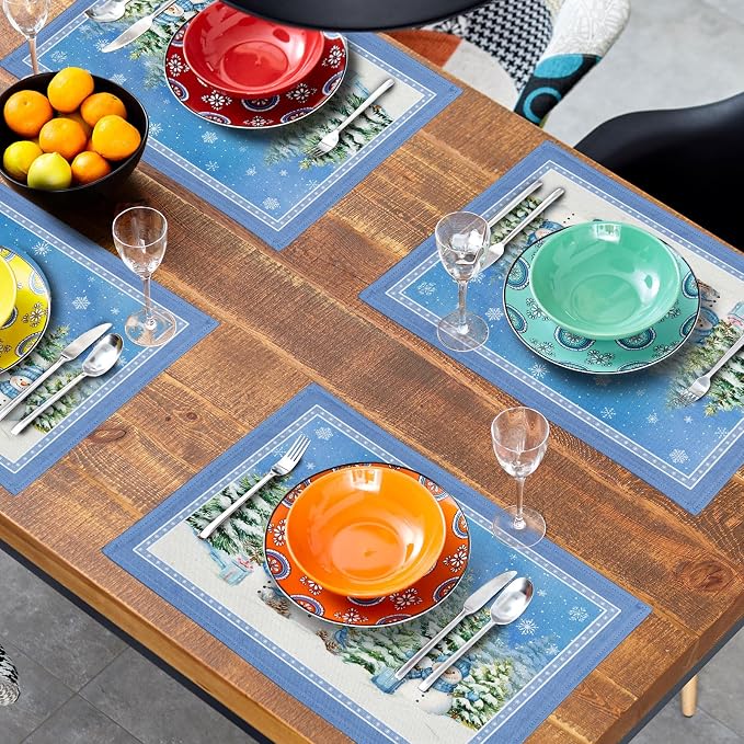 Winter Snowman Placemats Set of 4 - Watercolor Blue Decorative Snowflakes Green Pine Tree Table Mats 12 x 18 Inch Washable Heat Resistant Place Mat for Outdoor Kitchen Dining Decor