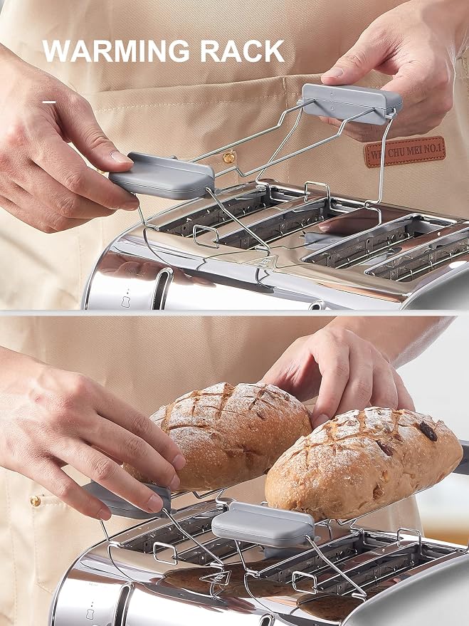 Yabano 4 Slice Stainless Steel Toaster with Extra Wide Slots | 7 Shade Settings, High Lift Lever, Bagel And Muffin Function, Removable Crumb Tray, Warming Rack, Silver Finish