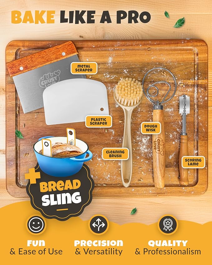 5 QT Enameled Dutch Oven for Bread Baking with Lid & Baking Set | Sourdough Dutch Oven for Bread Baking, Cast Iron Bread Oven with Lid, Banneton, Bread Sling, Lame, Dough Whisk & Clear Guide