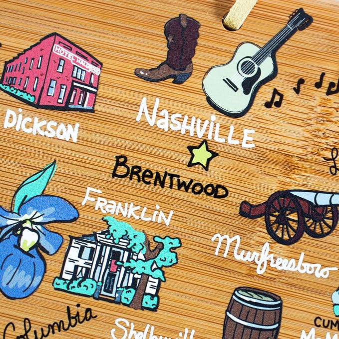Totally Bamboo Tennessee State Shaped Cutting Board, Art by Fish Kiss | State charcuterie board with colorful hand-drawn map artwork. Smooth reverse side for food prep. Hang tie for wall display.