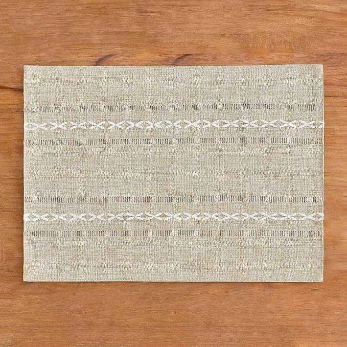 Wracra Cotton Linen Place Mats, Coffee Embroidered Placemats Set of 4 | Placemats 12 x 18 Inch; Cotton Linen Woven Fabric; Heat Resistant Table Mats; Raised Embroidered Hollow Design