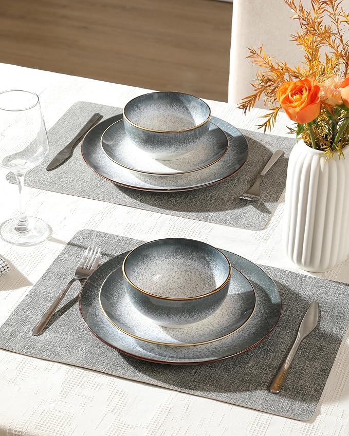 Sweejar Dinnerware Sets Service for 4, 12 pcs Porcelain Plates and Bowls for Kitchen, Housewaring Gift, Chip and Scratch Resistant Dish Set, Handmade Dishwasher and Microwave Safe Plate Set, LightGray