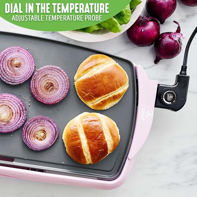GreenLife 20" Extra Large Electric Griddle, Pink | PFAS-Free Ceramic Nonstick Coating, Temperature Control, Removable Dishwasher Safe Drip Tray, Pancakes, Eggs, Omelet, Burgers