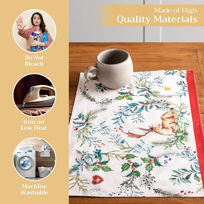 Maison d' Hermine Placemats Set of 4 Reusable 100% Cotton (13"x19") | Cloth Place Mats Washable Table Mats for Kitchen Dining Party Wedding Hotel Home Thanksgiving Christmas - Holly Time