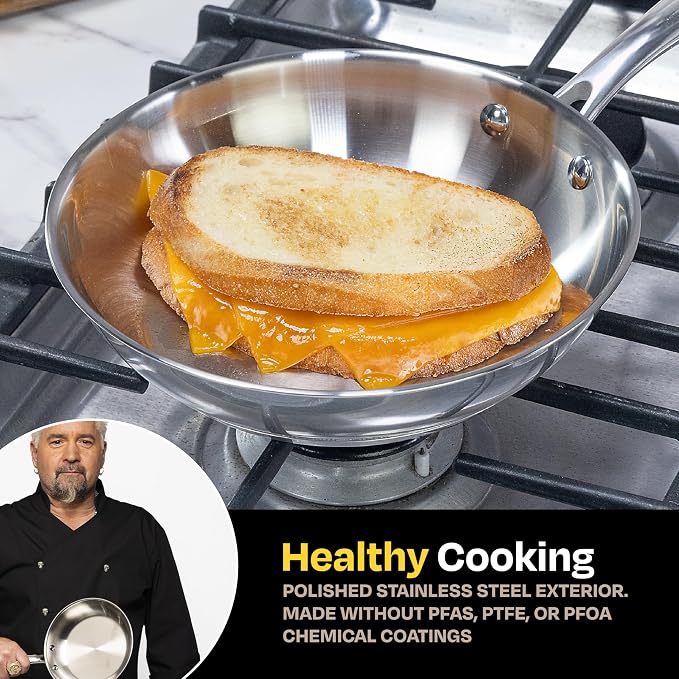 Guy Fieri's Flavortown 8" Stainless Steel Fry Pan, Oven-Safe to 500F | Premium Three-Layer Base Skillet, Durable Everyday Cookware