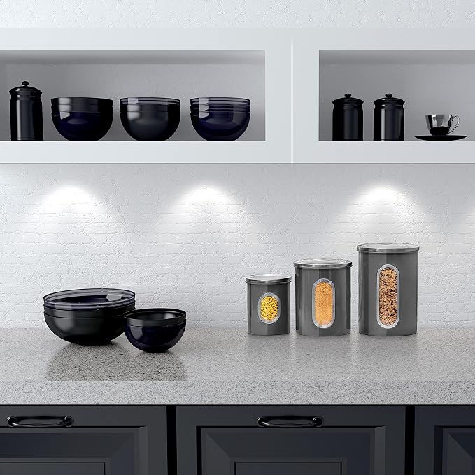 Moss & Stone 3-Pcs Gray Canisters Set for Kitchen Storage Airtight Jars | See-through window, coffee container, tea organizer, sugar canister, 3 nesting sizes, counter decor, easy press-on lids
