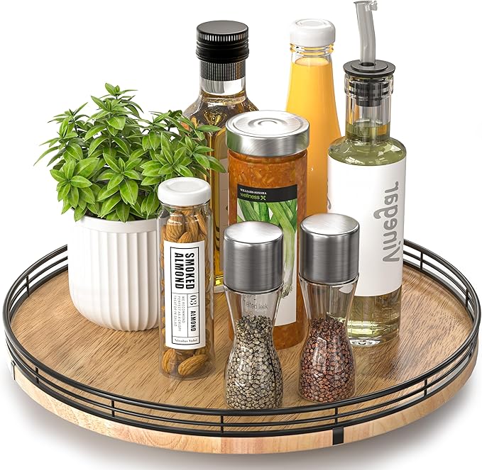 AMH 13-Inch Farmhouse Oak Lazy Susan Organizer for Table and Cabinet | Smooth rotating oak tray with walnut finish for dining tables, kitchen counters, pantries and cabinet storage.