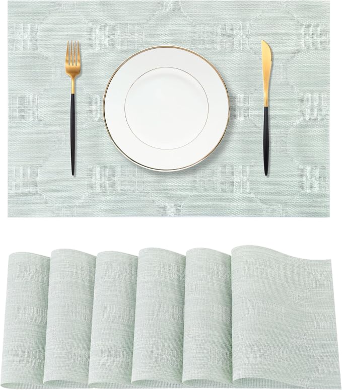 Leetaltree Mint Cream Placemats Set of 6 - Heat Resistant Non-Slip Place mats for Dining Table, Washable Durable PVC Vinyl Woven Table Mats（Mint Cream, 6）