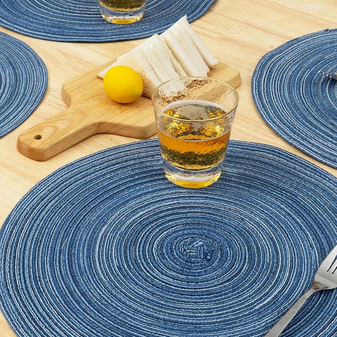 Winknowl Round Braided Placemats Set of 4 Washable Woven Heat Resistant Table Mats for Kitchen Dining Tables 15 inch Round Place Mats (Seascape Blue,4)