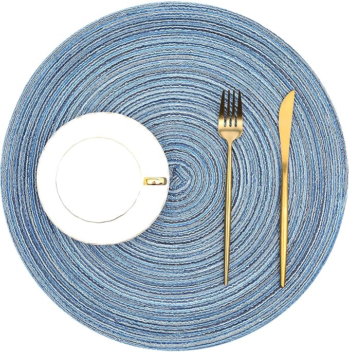 SHACOS Round Braided Placemats Set of 8 Circle Place Mats Cotton Polyester Kitchen Table Mats for Dining Table Wedding Party Decor (Blue Gray, 8)
