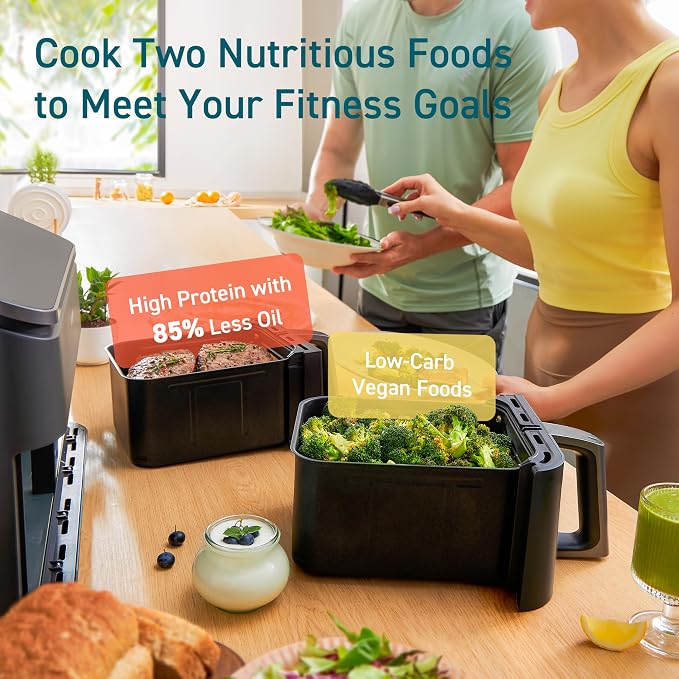 Cosori Dual Air Fryer, 9QT, 10-in-1,Sync Cook & Finish, Max 450°F | Dual 4.5QT Baskets,Independent Cooking, Touch Control, 95°-450°F, 85% less oil, 130+ Nutritional Recipes, Dishwasher-Safe