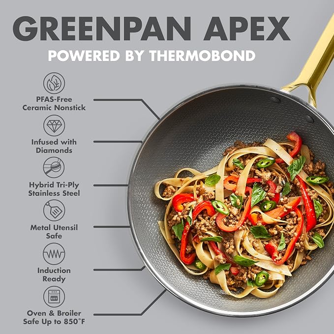 GreenPan Hybrid APEX 11" Tri-Ply Stainless Steel Wok, Ceramic Nonstick Pan | PFAS-Free Thermobond Nonstick Skillet, Induction & All Cooktop Compatible, Dishwasher & Oven Safe up to 850F, Stir Fry, Gold