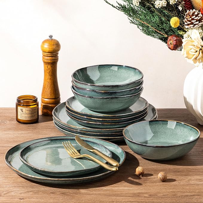 GBHOME Stoneware Dinnerware Sets for 4,12 Piece Rustic Plates and Bowls Set | Earthenware Handmade Reactive Glaze Plate Sets, Chip Resistant Ceramic Dishes, Microwave & Dishwasher Safe, Coastal Teal