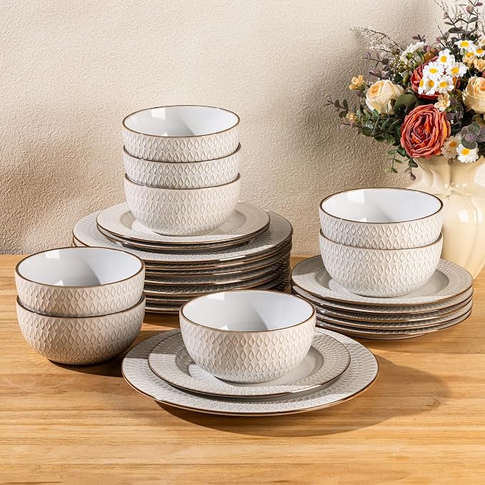 GBHOME Ceramic Dinnerware Sets of 8,24 pcs Plates and Bowls Sets Dishes | Embossed Elegant Stoneware Dishes Set | Dishwasher & Microwave Safe | Service for 4