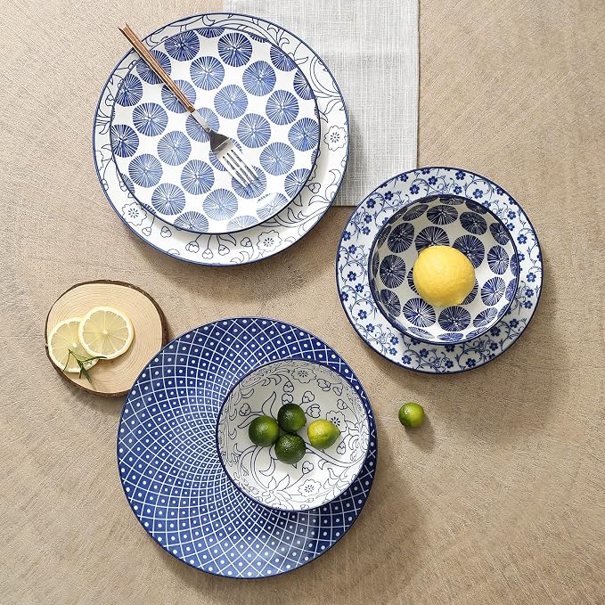 Selamica Ceramic Dinnerware Sets, 12 pcs Plates and Bowls Sets,Vintage Blue | Scratch Resistant Dishes set for 4, Dishwasher & Microwave Safe