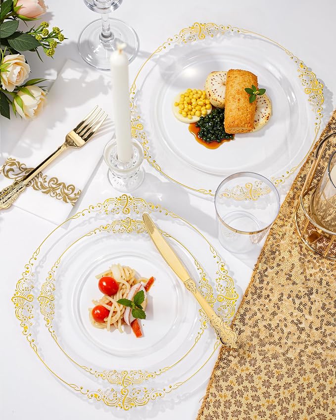 Nervure 175Pcs Clear Gold Plates, Disposable Party Plates for 25 Guests | 25 7.5" Dessert & 25 10.25" Dinner Disposable Plates, 75 Gold Cutlery, 25 9oz Cups, 25 Napkin for Wedding & Party, BPA-free