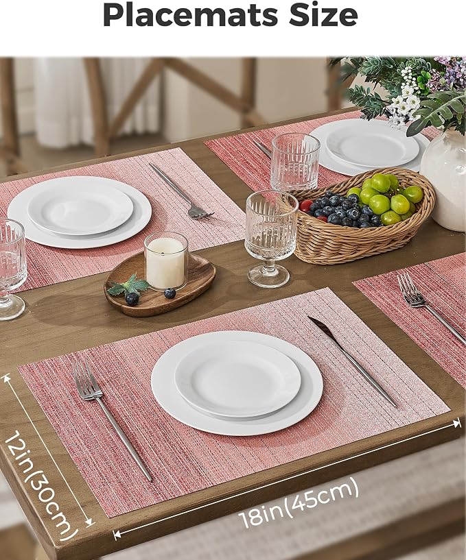 Leetaltree Gradient Pink Woven Placemats Set of 4 - Heat Resistant Non-Slip Place mats for Dining Table, Washable Durable PVC Vinyl Woven Table Mats(Gradient Pink, 4)