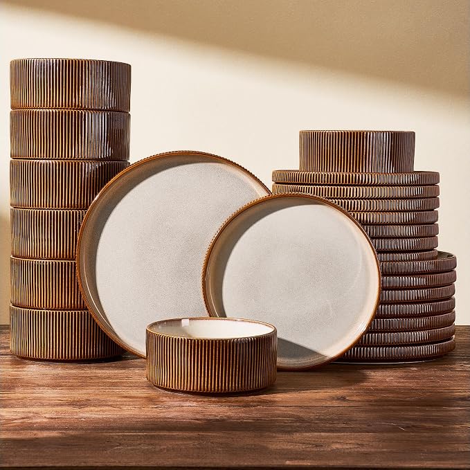 Stoneware Dinnerware Sets, Reactive Glaze Dishes Set for 8 | 24-Piece Handmade Ceramic Plates and Bowls, Microwave & Dishwasher Safe, Chip & Scratch Resistant, Modern Rustic, Cream Brown