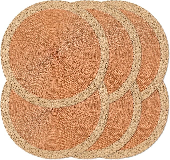 Round Placemats Set of 6, Woven Table Mats, Wide Edge, Orange | Braided Paper Edge, 15 Inch Diameter, Fits Dinner Plate and Flatware, Wipeable, Heat Resistant, Indoor Dining, Outdoor Patio