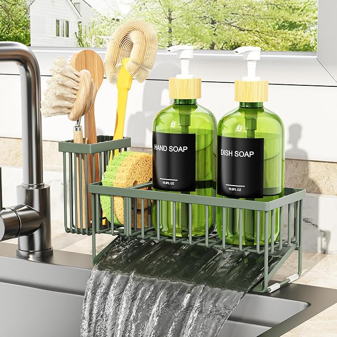 Cisily Kitchen Dish Soap Dispenser Set with 2 Pack 16.9oz Amber Glass Bottle and Sponge Holder, Dish Soap Dispensers with Adjustable Sponge Holder, Vintage Hand and Dish Soap Dispensers Set