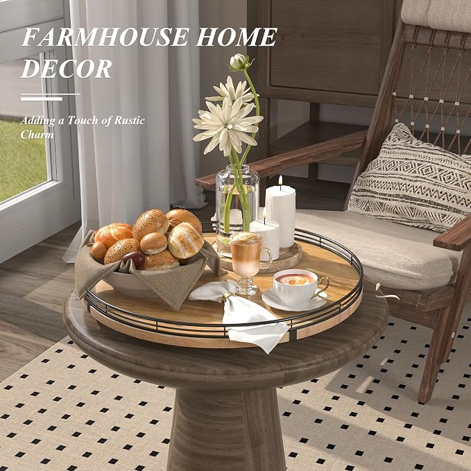 AMH 16-Inch Farmhouse Oak Lazy Susan Organizer for Table and Cabinet | Smooth rotating oak tray with walnut finish for dining tables, kitchen counters, pantries and cabinet storage.