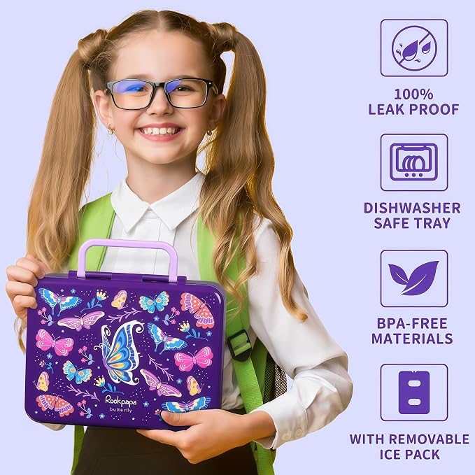 rockpapa Chill Bento Box for Kids- Large 5.5 Cups Lunch Box with Ice Pack - 5 Compartments, BPA-Free, Leak Proof, with Utensils & Portable Handle, Microwave/Dishwasher Safe (Purple Butterfly)
