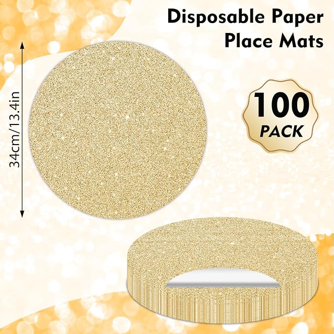 100PCS Light Gold Paper Placemats Disposable 13.4 Inch Shiny Golden Place Mats Round Decorative Glitter Table Mats for Birthday Wedding Party Sparkle Dining Tableware