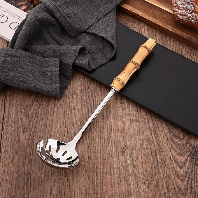 Soup Ladle and Slotted Spoon Set, 304 Stainless Steel Serving Utensils with Natural Bamboo Handle, Soup Spoons For Serving Gravy Hot Pot Or Restaurant, 10.2 Inch, 4 PCS / 2 of Each