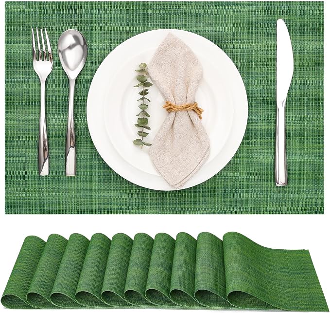 Myir JUN Placemats Set of 10 Kitchen and Dining Table Placemats | Vinyl Placemats Place Mats Indoor/Outdoor Set of 10 Washable Table Mats Non-Slip Place mats for Dining Table, Dark Green