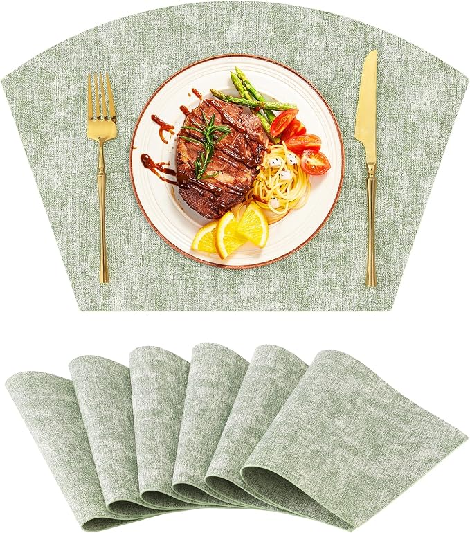 Homaxy Wedge Faux Leather Placemats for Round Table, Set of 6, Grass Green | Waterproof Wipeable Washable Table Mats, Easy to Clean Anti-Slip Place Mats, 11.8" x 17"