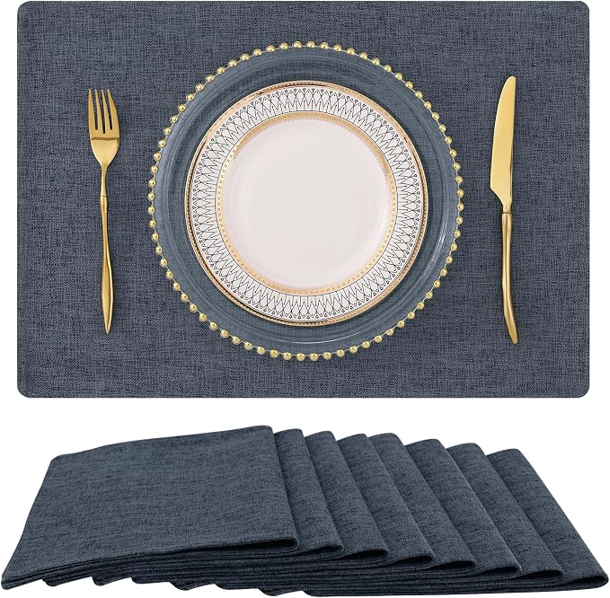 Faux Cotton Linen Placemats Set of 8, Cloth Washable Farmhouse Dining Table Mats for Indoors & Outdoors, Easy to Clean, Charcoal, 13 x 19 Inch