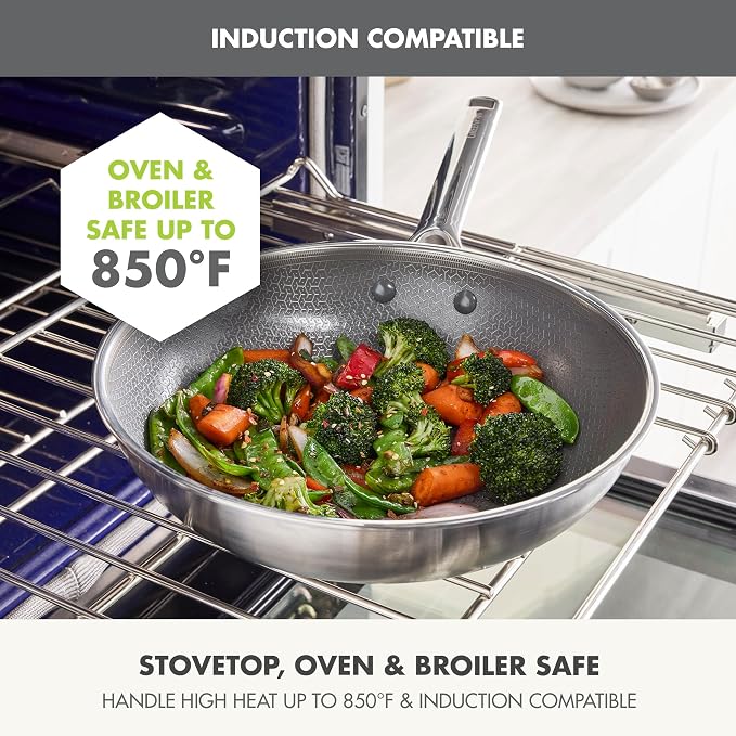 GreenPan Hybrid APEX 11" Tri-Ply Stainless Steel Wok, Ceramic Nonstick Pan | APEX Tri-Ply Pan, PFAS-Free Thermobond Nonstick, Induction & All Cooktop Compatible, Dishwasher & Oven Safe to 850F, Silver