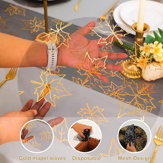 Snowkingdom 24 Pcs Fall Placemats, Black Gold Metallic Maple Leaves Thanksgiving Decoration, 13 inch Round Disposable Placemats, Golden Charger Kitchen Dining Table Mats for Autumn Harvest Party Decor