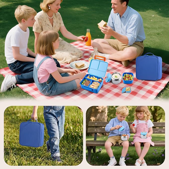 Bento Lunch Box for Kids with Thermo, Leakproof Bento Box with 8oz Insulated Food Jar, Lunch Bag, BPA Free Dishwasher Safe 4 Compartment Container for School Girls Boys (Blue)