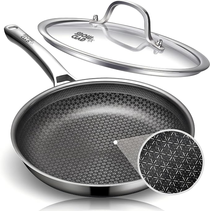 OATOFP Non Stick Stainless Steel Skillets 12 inch, Hybrid Frying Pan with Lid, PFOA Free Cookware, Dishwasher and Oven-Safe Chef Pan