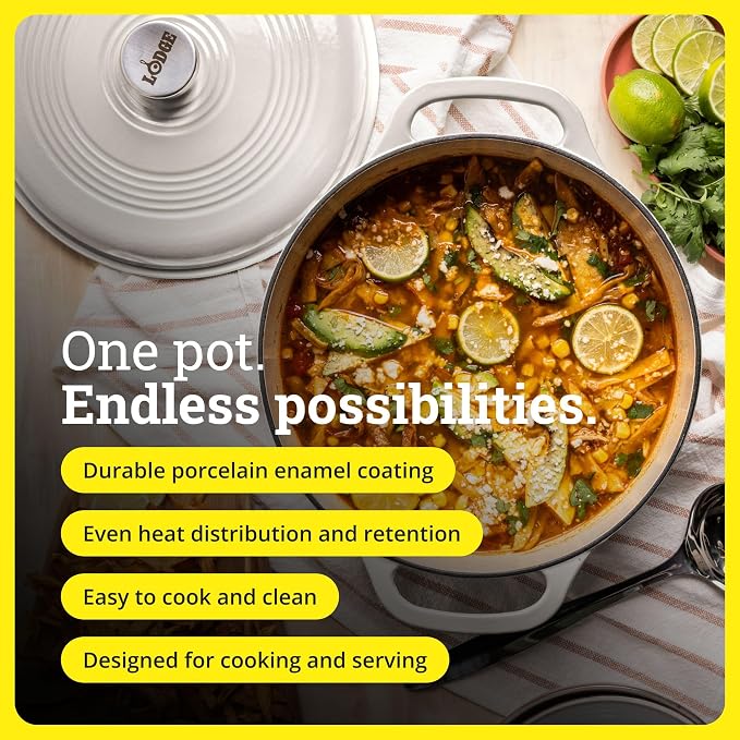 Lodge Essential Enamel Cast Iron Dutch Oven 6 Quarts - Perfect for Bread Baking, Braising, Marinating & Slow Cooking, Features Moisture-Sealing Lid & Dual Handles, Kitchen Essentials, Oyster White